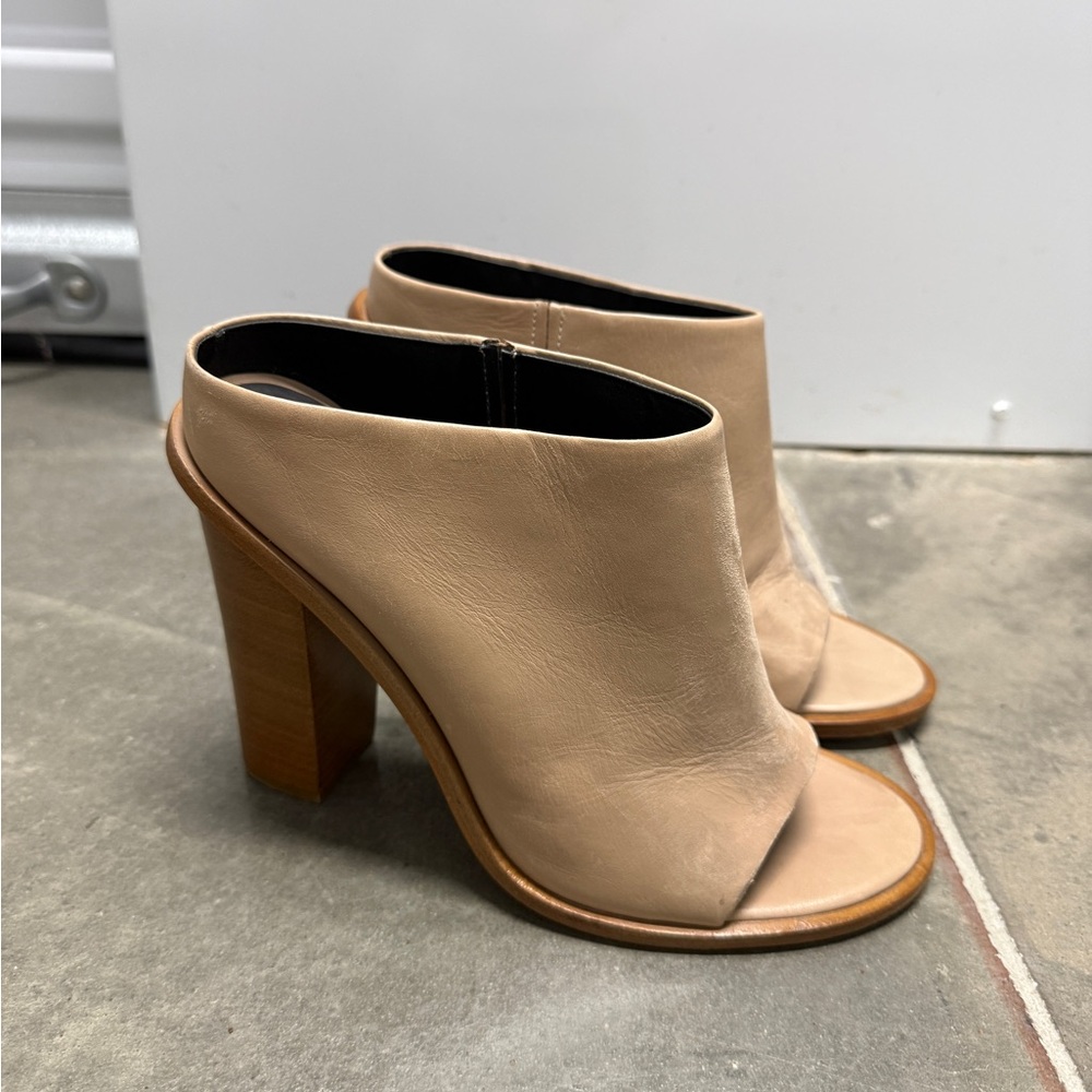 Tibi Heels Women size 8.5 (39.5) Tan Open Toe Leather Wood Block Mules Shoe